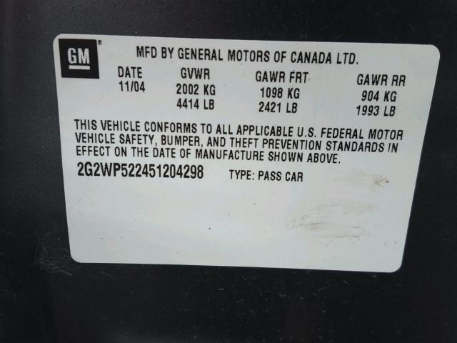 2G2WP522451204298 - 2005 PONTIAC GRAND PRIX GRAY photo 10