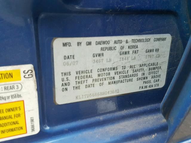 KL1TD56668B043582 - 2008 CHEVROLET AVEO BASE Bleu photo 10