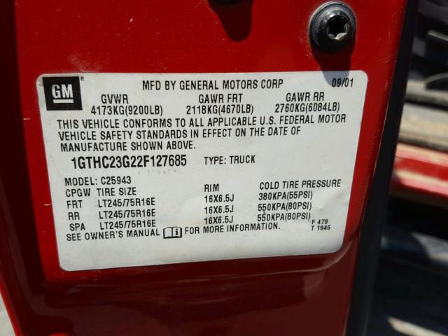 1GTHC23G22F127685 - 2002 GMC SIERRA C25 RED photo 10