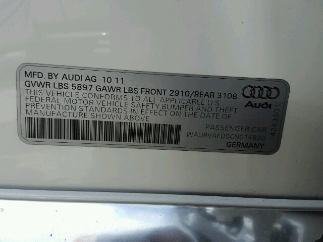 WAURVAFD0CN014820 - 2012 AUDI A8 L QUATT WHITE photo 10