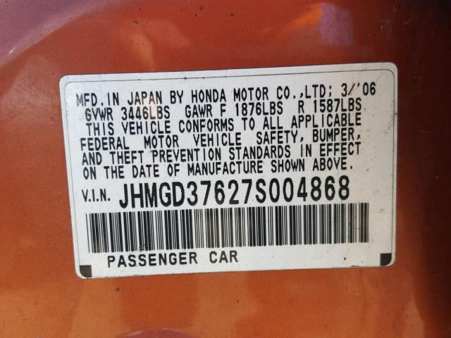 JHMGD37627S004868 - 2007 HONDA FIT S 橙色 照片 10