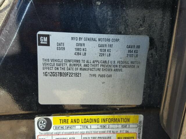 1G1ZG57B09F221821 - 2009 CHEVROLET MALIBU LS 黑色 照片 10