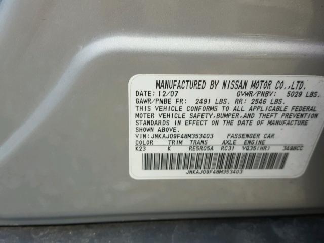 JNKAJ09F48M353403 - 2008 INFINITI EX35 BASE SILVER photo 10