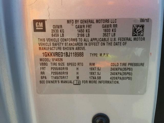 1GKKVRED1BJ118988 - 2011 GMC ACADIA SLT ვერცხლისფერი ფოტო 10