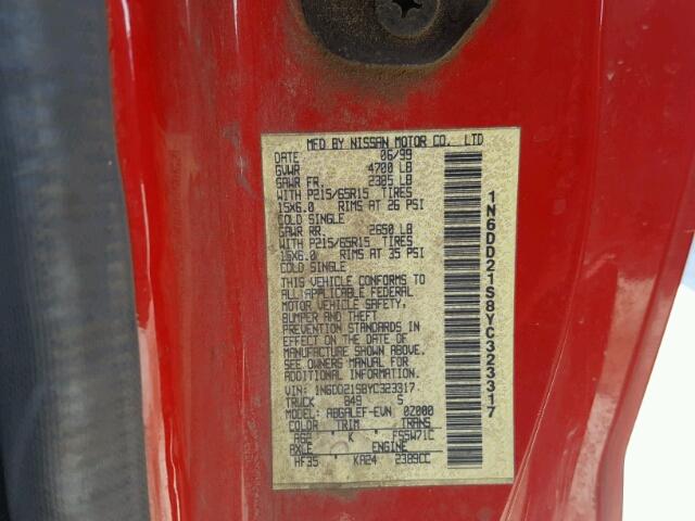 1N6DD21S8YC323317 - 2000 NISSAN FRONTIER X RED photo 10