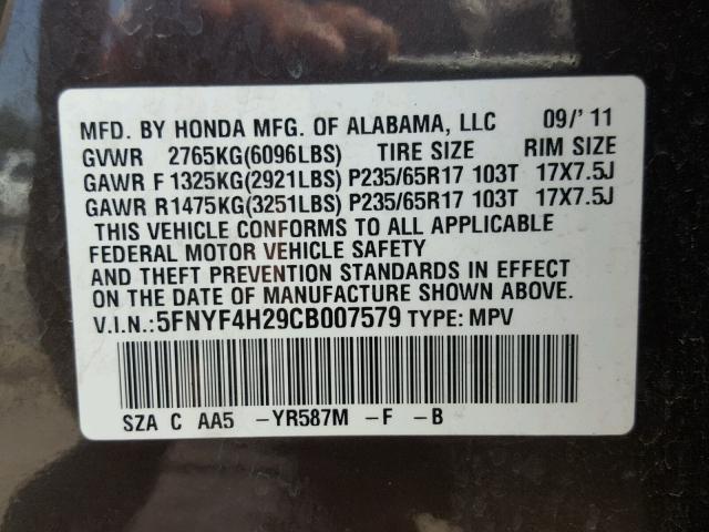 5FNYF4H29CB007579 - 2012 HONDA PILOT LX BROWN photo 10