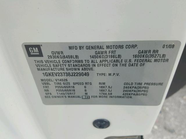 1GKEV23738J229049 - 2008 GMC ACADIA SLT თეთრი ფოტო 10