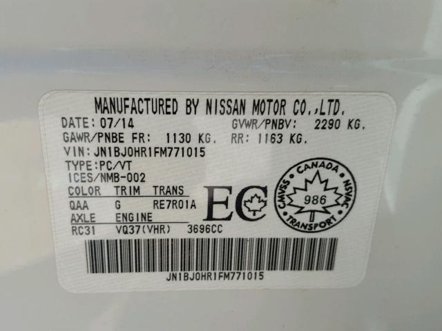 JN1BJ0HR1FM771015 - 2015 INFINITI QX50 WHITE photo 10