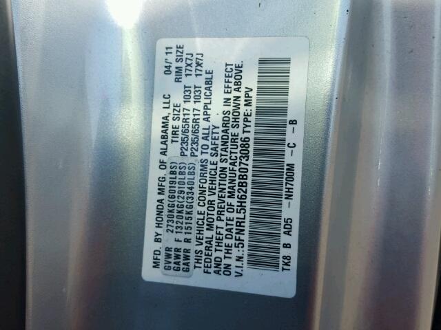 5FNRL5H62BB073086 - 2011 HONDA ODYSSEY SILVER photo 10