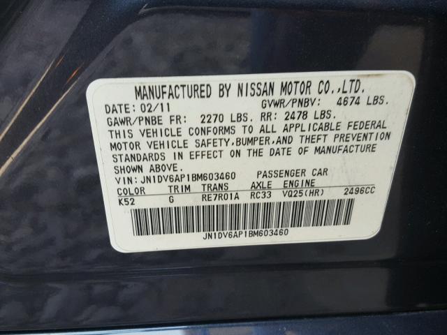 JN1DV6AP1BM603460 - 2011 INFINITI G25 BASE BLUE photo 10