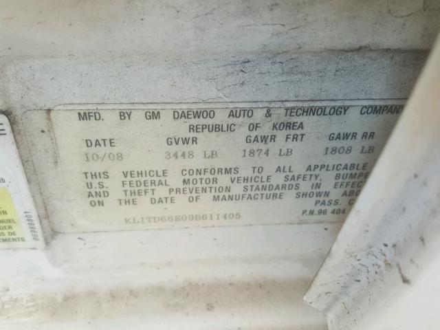 KL1TD66E09B611405 - 2009 CHEVROLET AVEO LS WHITE photo 10