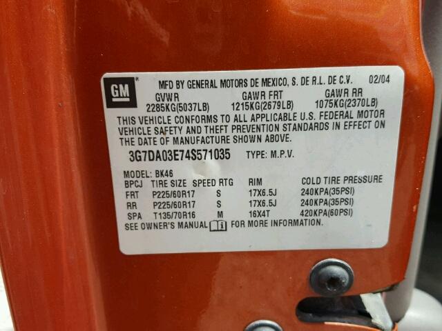 3G7DA03E74S571035 - 2004 PONTIAC AZTEK ORANGE photo 10