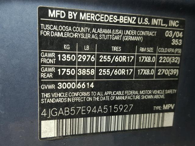 4JGAB57E94A515927 - 2004 MERCEDES-BENZ ML 350 BLUE photo 10