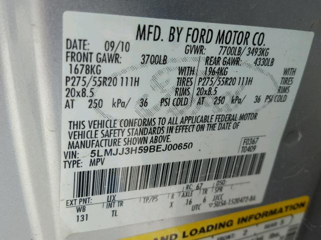 5LMJJ3H59BEJ00650 - 2011 LINCOLN NAVIGATOR 银色 照片 10