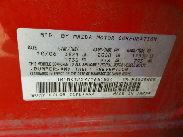 JM1BK12G771661824 - 2007 MAZDA 3 I RED photo 10