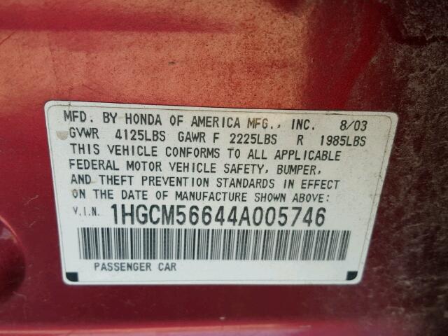 1HGCM56644A005746 - 2004 HONDA ACCORD EX RED photo 10