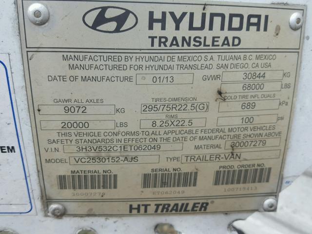 3H3V532C1ET062049 - 2014 HYUNDAI TRAILER WHITE photo 10