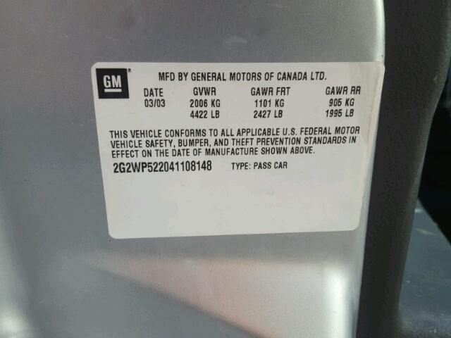 2G2WP522041108148 - 2004 PONTIAC GRAND PRIX Сріблястий фото 10