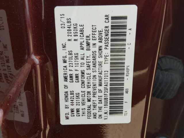 19UUB1F35FA017013 - 2015 ACURA TLX MAROON photo 10