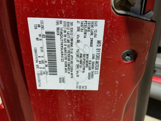 1FMDU77K95UA94123 - 2005 FORD EXPLORER S 红色 照片 10