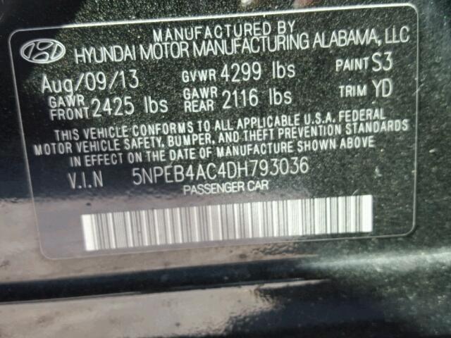 5NPEB4AC4DH793036 - 2013 HYUNDAI SONATA GLS BLACK photo 10