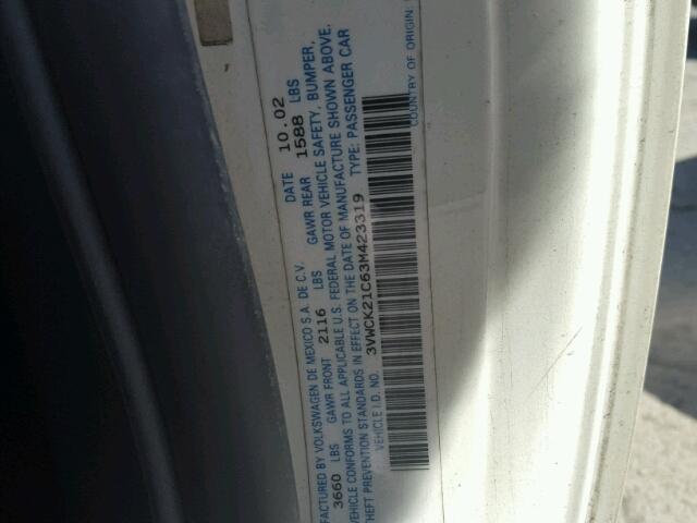 3VWCK21C63M423319 - 2003 VOLKSWAGEN NEW BEETLE 白色 照片 10