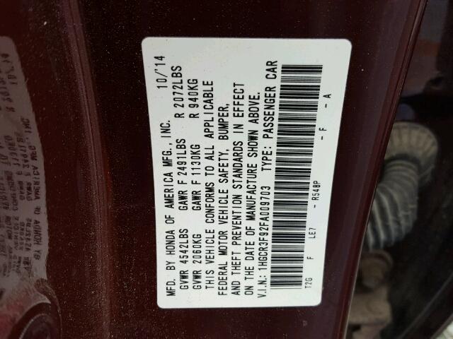 1HGCR3F92FA009703 - 2015 HONDA ACCORD BURGUNDY photo 10