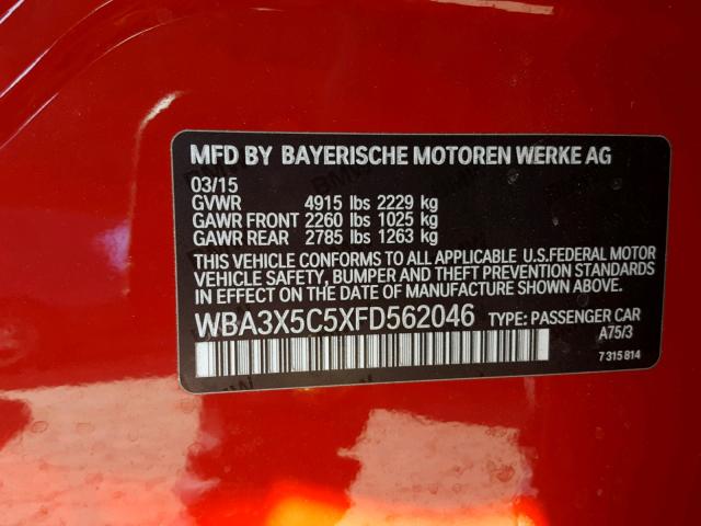 WBA3X5C5XFD562046 - 2015 BMW 328 XIGT RED photo 10