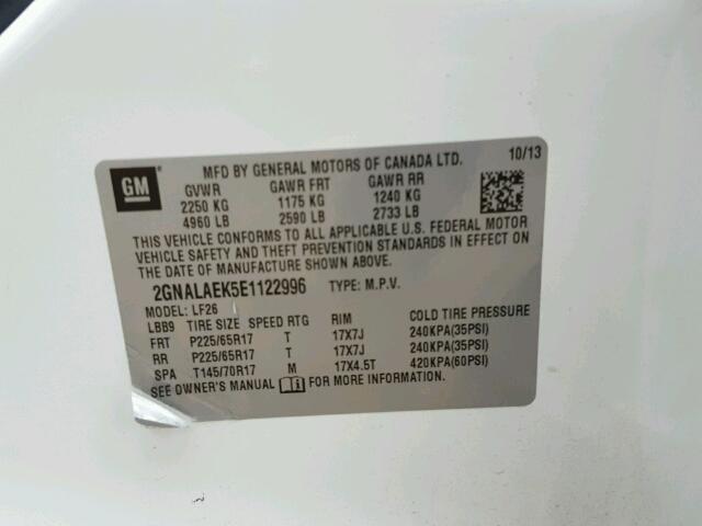 2GNALAEK5E1122996 - 2014 CHEVROLET EQUINOX LS თეთრი ფოტო 10