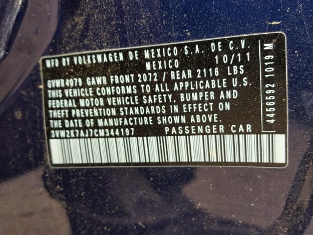3VW2K7AJ7CM344197 - 2012 VOLKSWAGEN JETTA BASE Կապույտ լուսանկար 10