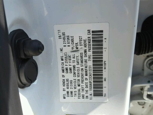 19UUA8F23CA012231 - 2012 ACURA TL WHITE photo 10