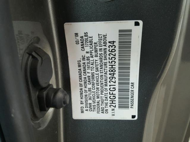 2HGFG12948H552634 - 2008 HONDA CIVIC EXL Boz foto 10