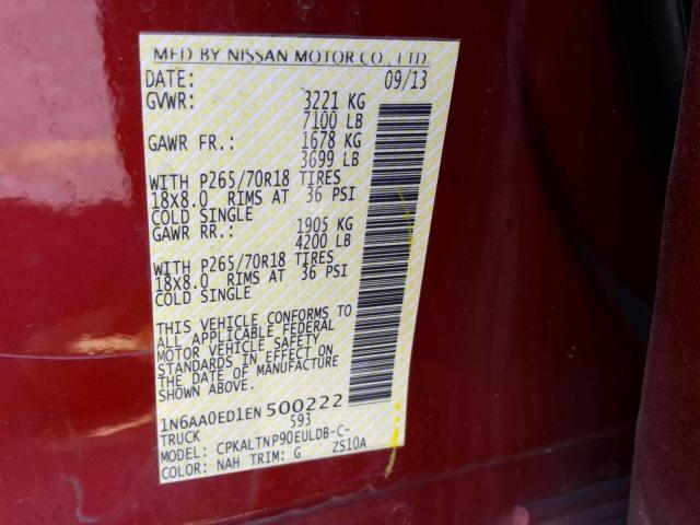 1N6AA0ED1EN500222 - 2014 NISSAN TITAN S MAROON photo 10