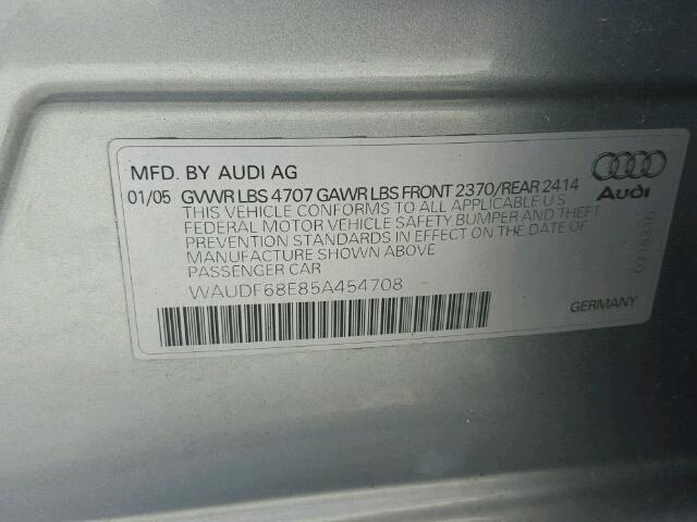 WAUDF68E85A454708 - 2005 AUDI A4 2.0T QU SILVER photo 10