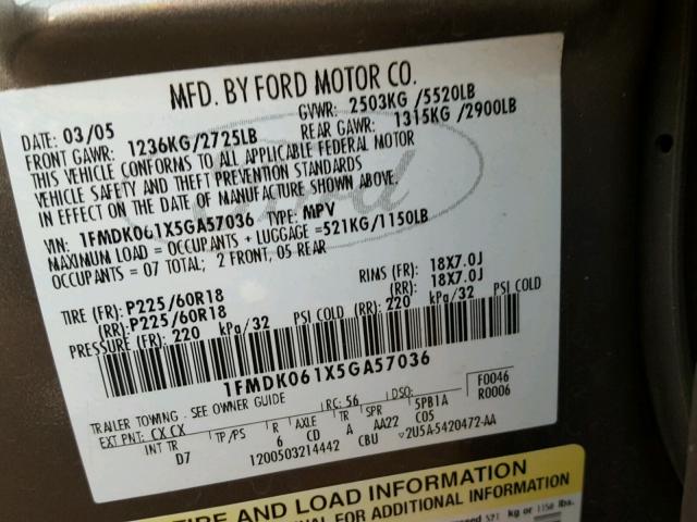 1FMDK061X5GA57036 - 2005 FORD FREESTYLE GRAY photo 10