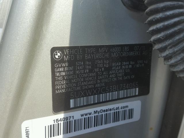 5UXWX7C53BL734055 - 2011 BMW X3 XDRIVE3 TAN photo 10