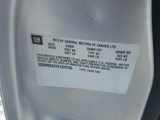 2G2WS522741375785 - 2004 PONTIAC GRAND PRIX SILVER photo 10