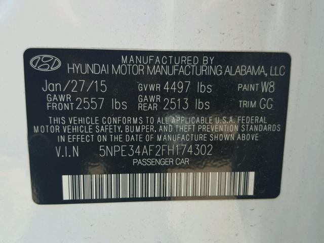 5NPE34AF2FH174302 - 2015 HYUNDAI SONATA SPO WHITE photo 10