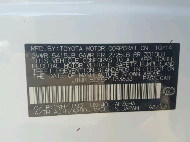 JTHBL5EF5F5133633 - 2015 LEXUS LS 460 WHITE photo 10