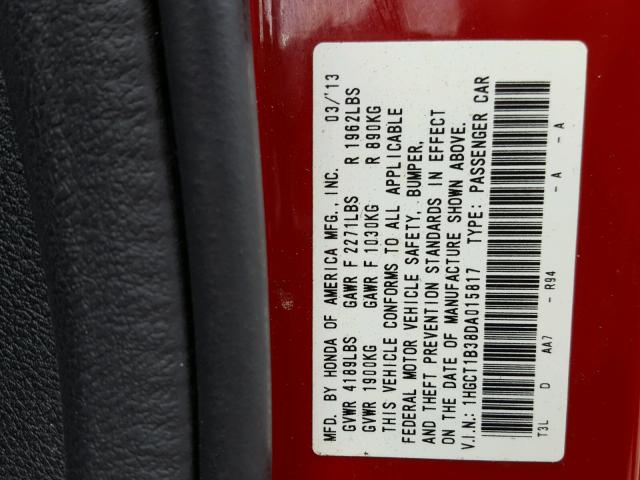 1HGCT1B38DA015817 - 2013 HONDA ACCORD LX- RED photo 10