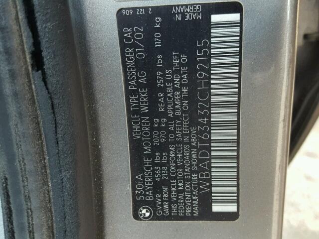 WBADT63432CH92155 - 2002 BMW 530 I AUTO GRAY photo 10