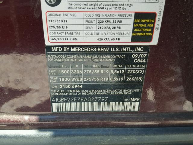 4JGBF22E78A327797 - 2008 MERCEDES-BENZ GL 320 CDI MAROON photo 10