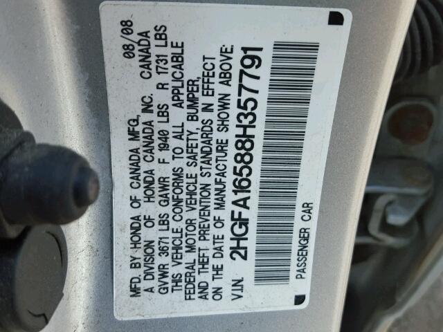 2HGFA16588H357791 - 2008 HONDA CIVIC LX SILVER photo 10