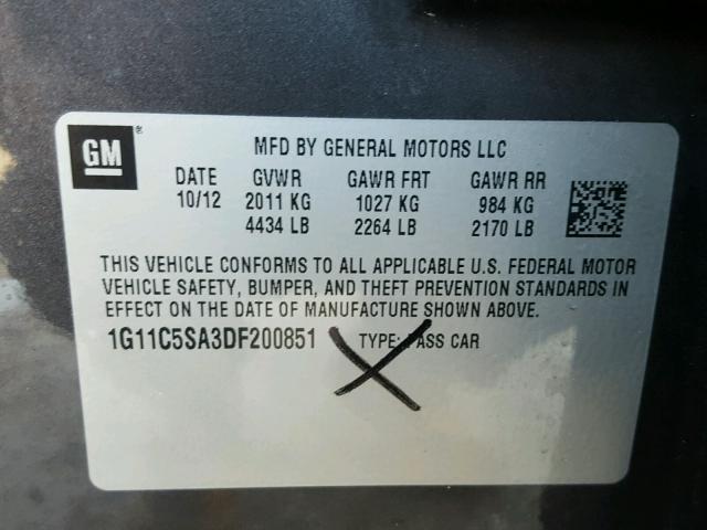 1G11C5SA3DF200851 - 2013 CHEVROLET MALIBU 1LT 灰色 照片 10