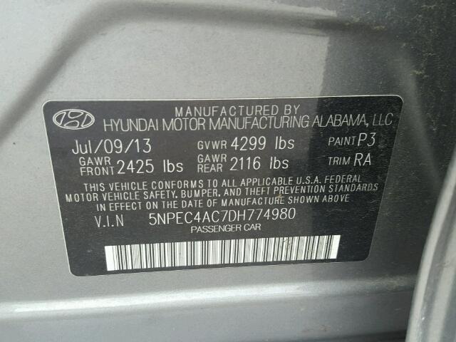 5NPEC4AC7DH774980 - 2013 HYUNDAI SONATA SE GRAY photo 10