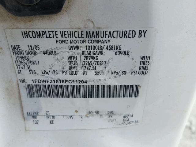 1FDWF31516EC11204 - 2006 FORD F350 SRW S WHITE photo 10