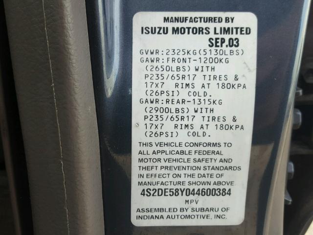 4S2DE58Y044600384 - 2004 ISUZU AXIOM XS Mavi foto 10