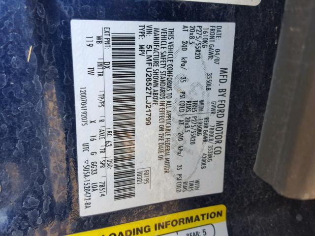 5LMFU28527LJ21799 - 2007 LINCOLN NAVIGATOR ლურჯი ფოტო 10