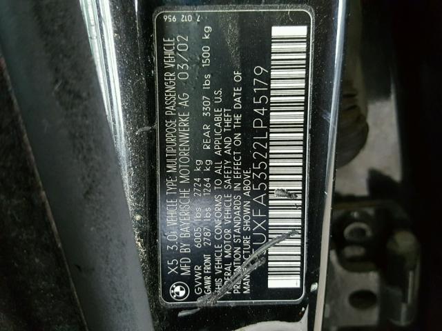 5UXFA53522LP45179 - 2002 BMW X5 3.0I BLACK photo 10