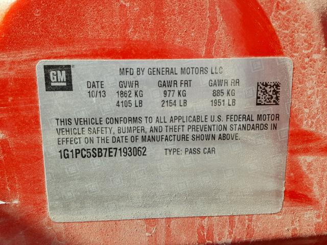 1G1PC5SB7E7193062 - 2014 CHEVROLET CRUZE LT RED photo 10